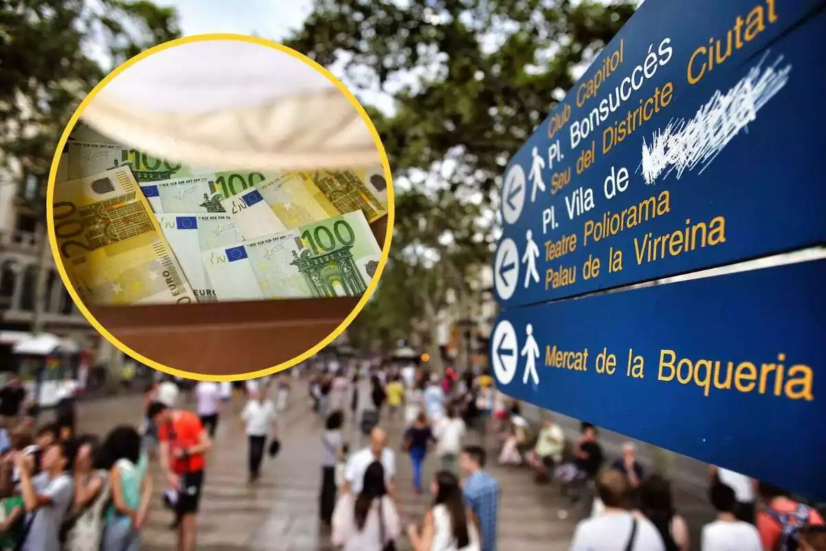 Montaje de unas calles de Barcelona junto la imagen de unos billetes de 100 y 200 €