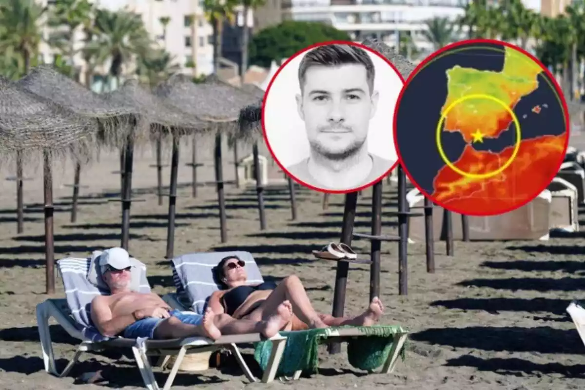 Dos personas toman el sol en una playa, con una imagen de Scott Duncan y un mapa de España destacando Málaga