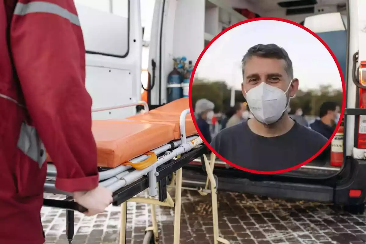 Montaje de un hombre entrando una camilla en una ambulancia y una imagen de José Antonio Justel con mascarilla