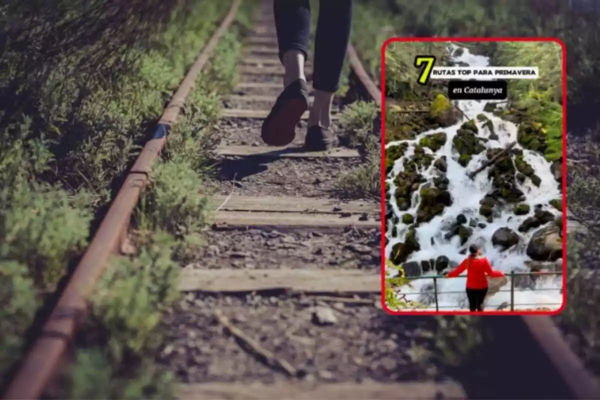 Montaje de alguien andando por unas antiguas vías de tren y una captura de Instagram con las mejores rutas de Cataluña