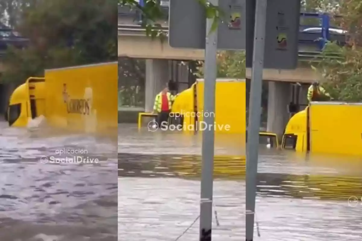 Montaje de un camión de correos atrapado en las inundaciones de Madrid