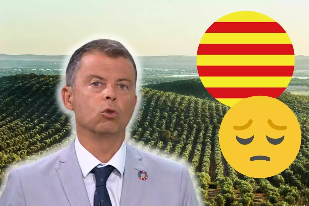 Francesc Mauri con traje y corbata frente a un campo de cultivo con dos emojis superpuestos, uno con la bandera de Cataluña y otro con una expresión triste.