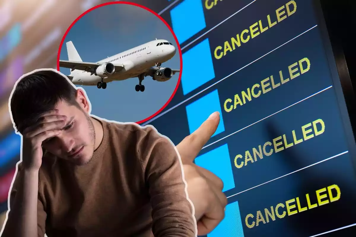 Una persona señala una cancelación en un panel del aeropuerto, con un lamentándose, y en el círculo, un avión en el aire