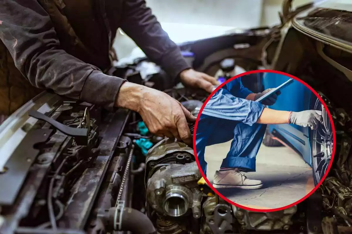 Montaje del capó de un coche con un mecánico cambiando una rueda