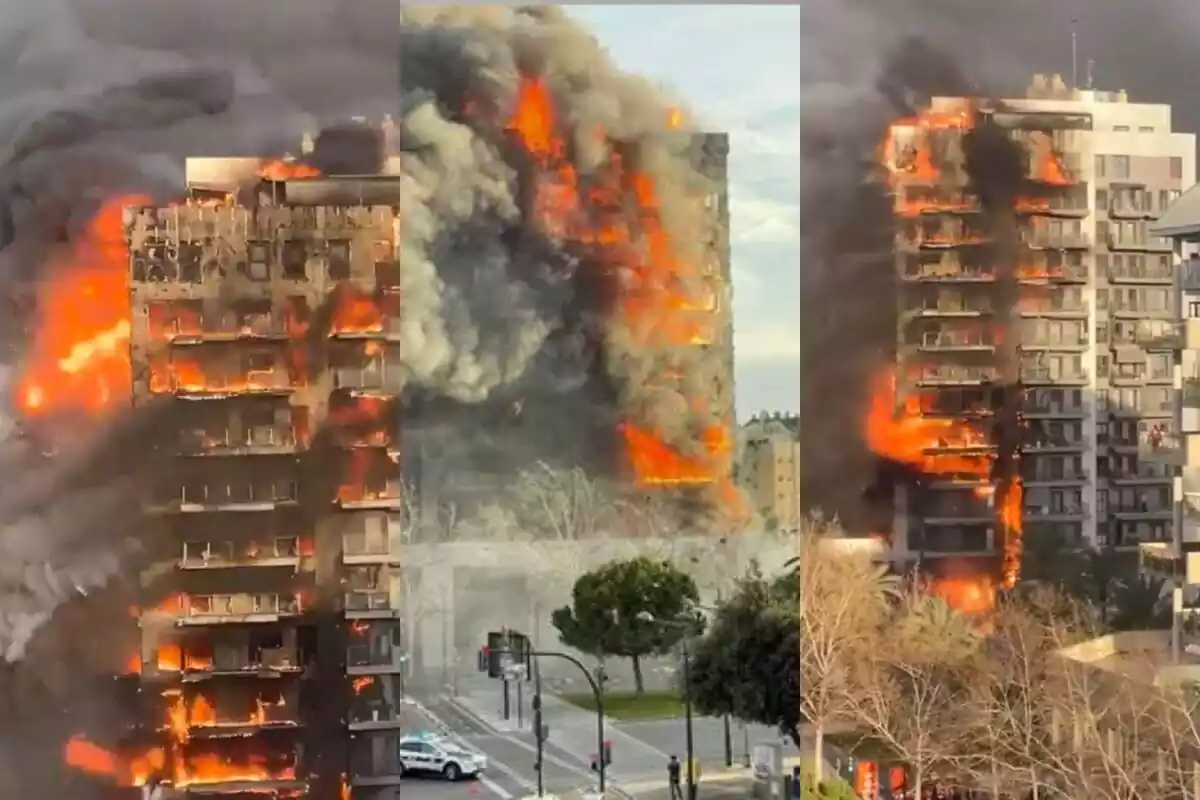 Montaje con varias capturas del incendio de grandes dimensiones en el edificio del barrio de Campanar en Valencia