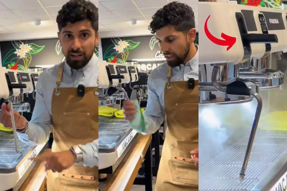 Montaje imágenes de un barista mostrando como limpiar una lanza de vapor de una máquina de café