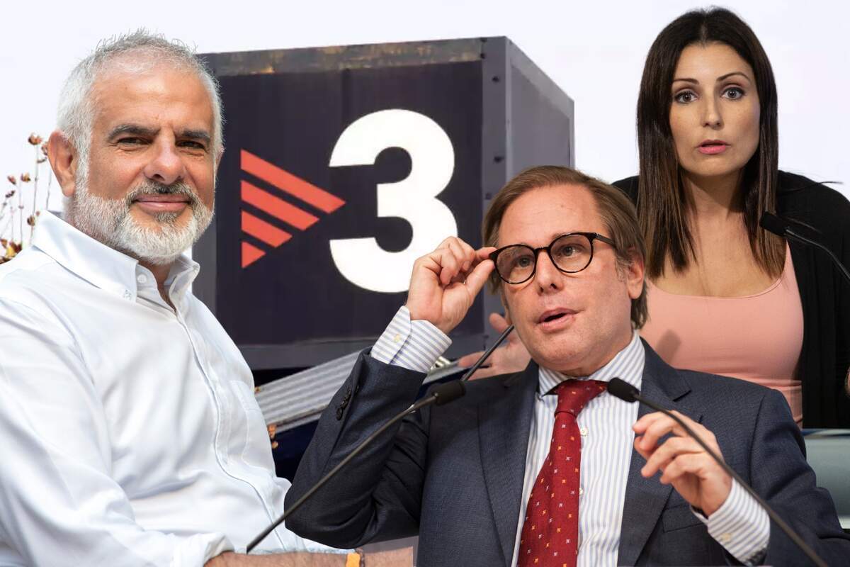 Montaje de Carlos Carrizosa, Joan Garriga y Lorena Roldán junto al logo de TV3