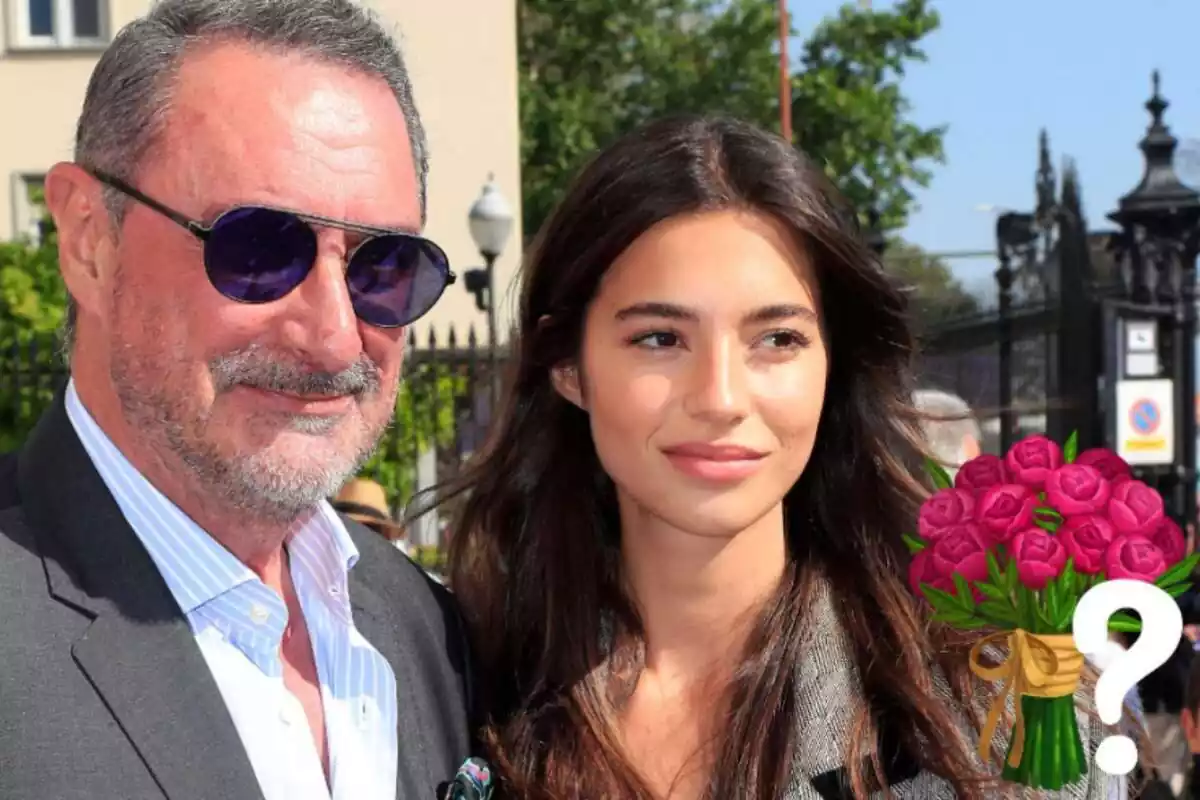 Montaje de Carlos Herrera sonriendo con gafas de sol junto a Rocío Crusset sonriendo mirando a un lado, un ramo de flores y un interrogante blanco