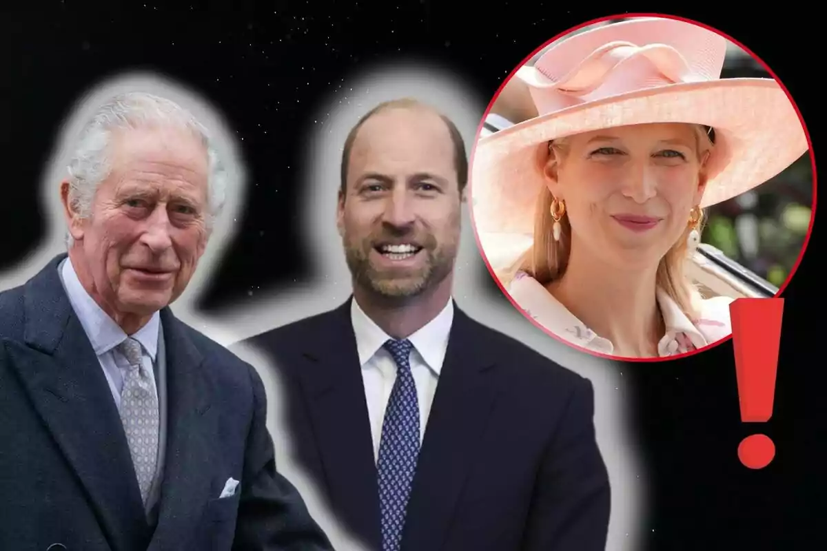 Carlos III y el príncipe Guillermo con trajes oscuros están de pie uno al lado del otro, mientras que Gabriella Windsor con un sombrero rosa aparece en un círculo rojo a la derecha de la imagen, acompañada de un signo de exclamación rojo.