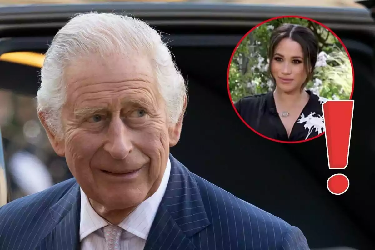 Carlos III con cabello canoso y traje a rayas, con Meghan Markle en un círculo rojo en la esquina superior derecha de la imagen.