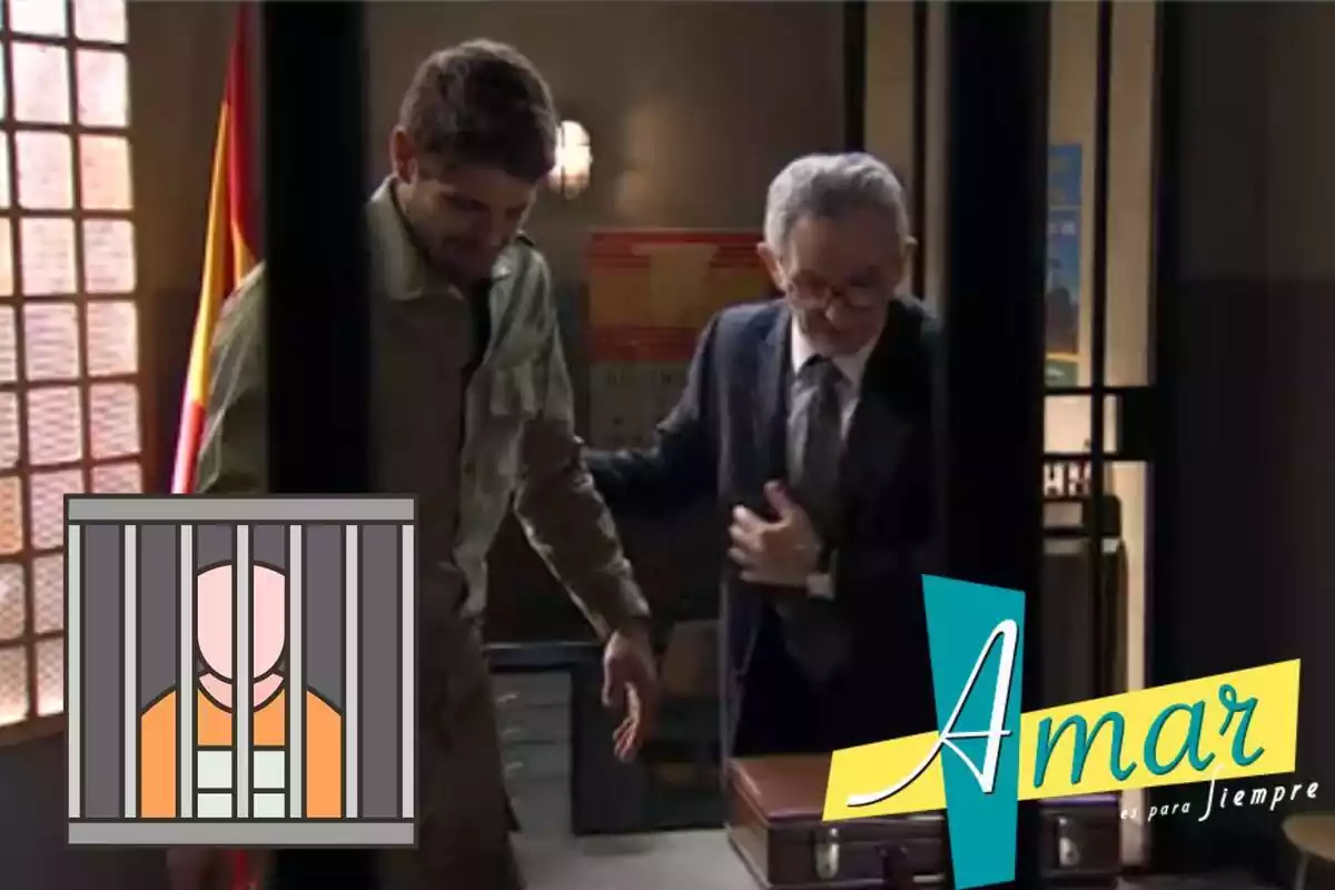 Montaje de Carlos y Quintero de 'Amar es para siempre' en la cárcel, el logo de la serie y una cárcel