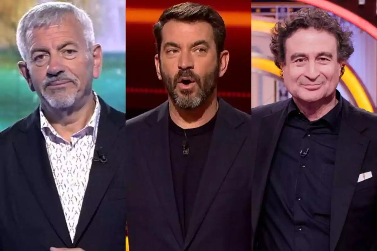 Montaje de Carlos Sobera como presentador de Supervivientes, Arturo Valls como presentador de El 1% y Pepe Rodríguez en MasterChef