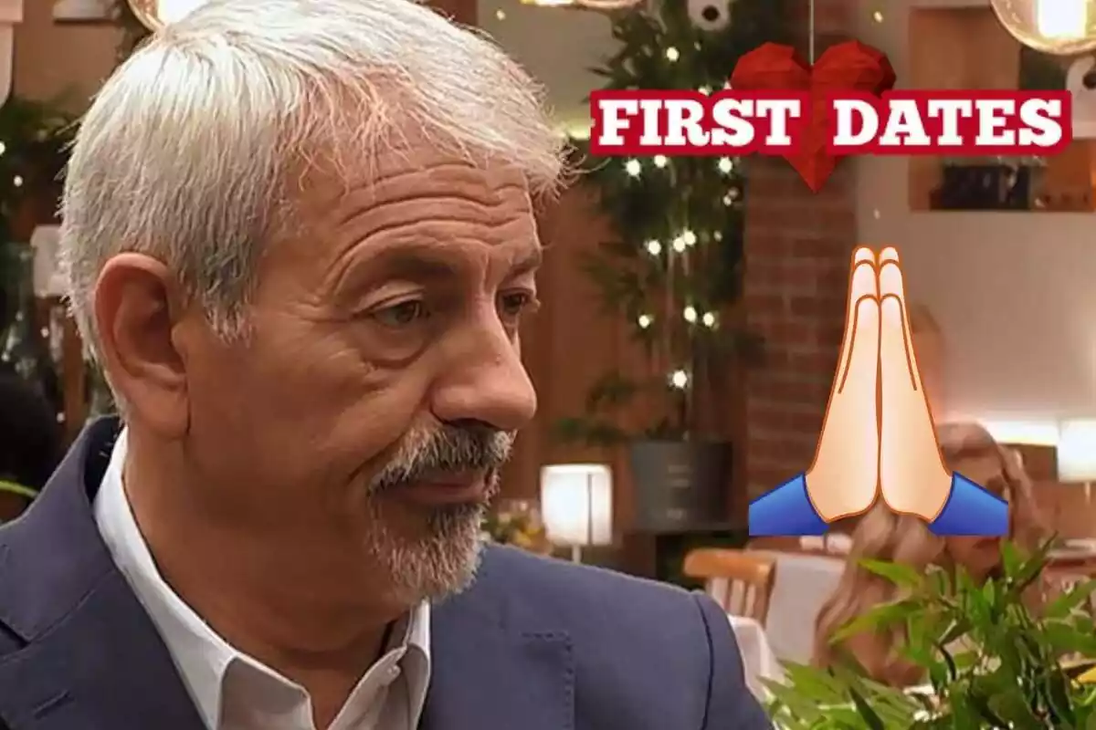 Montaje de Carlos Sobera serio en traje, el logo de 'First Dates' y un icono de unas manos juntas