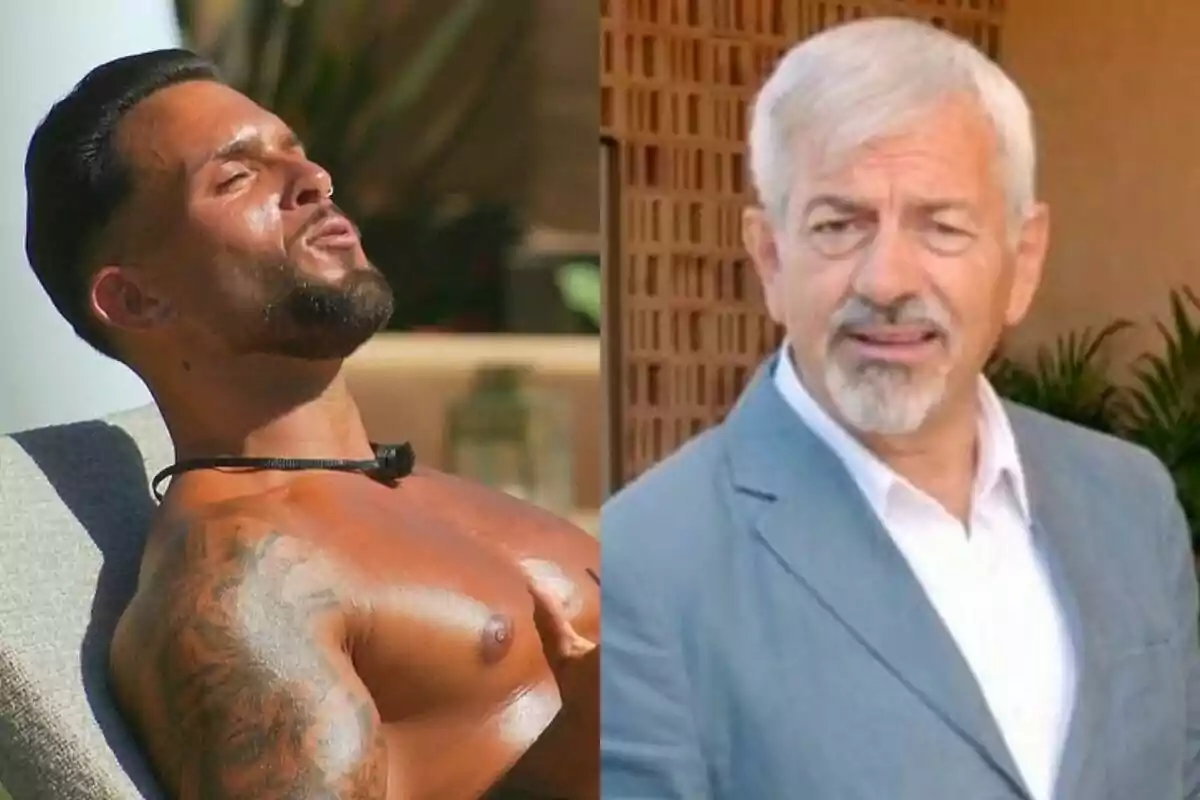 Montaje de hombres, uno joven y bronceado con tatuajes en el brazo izquierdo, y Carlos Sobera mayor con cabello canoso y barba, ambos en First Dates Hotel