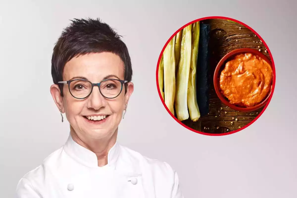 Montaje con Carme Ruscalleda sonriendo vestida de cocinera, calçots y la salsa en un tarro