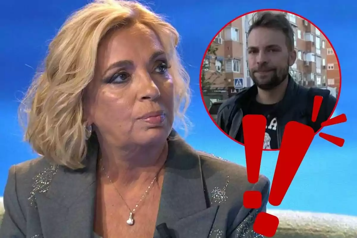 Carmen Borrego con expresión seria en un estudio de televisión, con la imagen de José María Almoguera barbudo en un círculo rojo con un signo de exclamación.