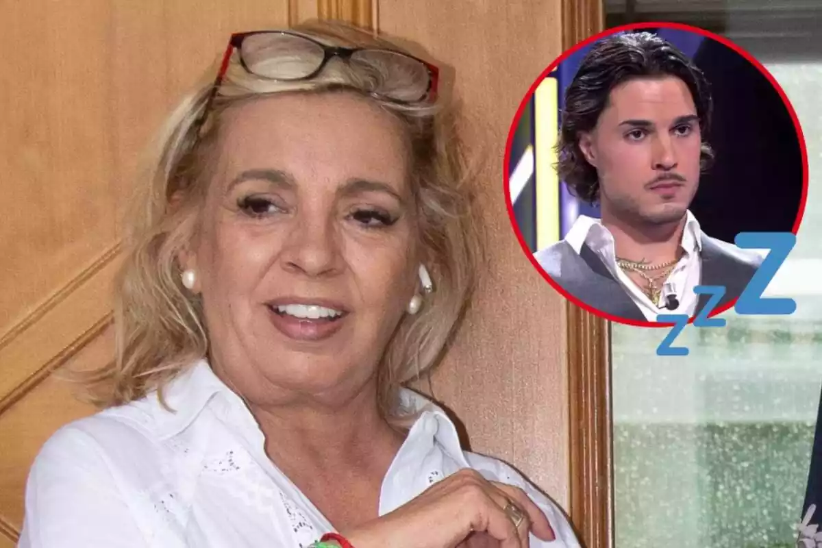 Montaje de Carmen Borrego con las gafas en la cabeza y un auricular en una oreja, Carlo Costanzia serio con collares dorados y signo de sueño