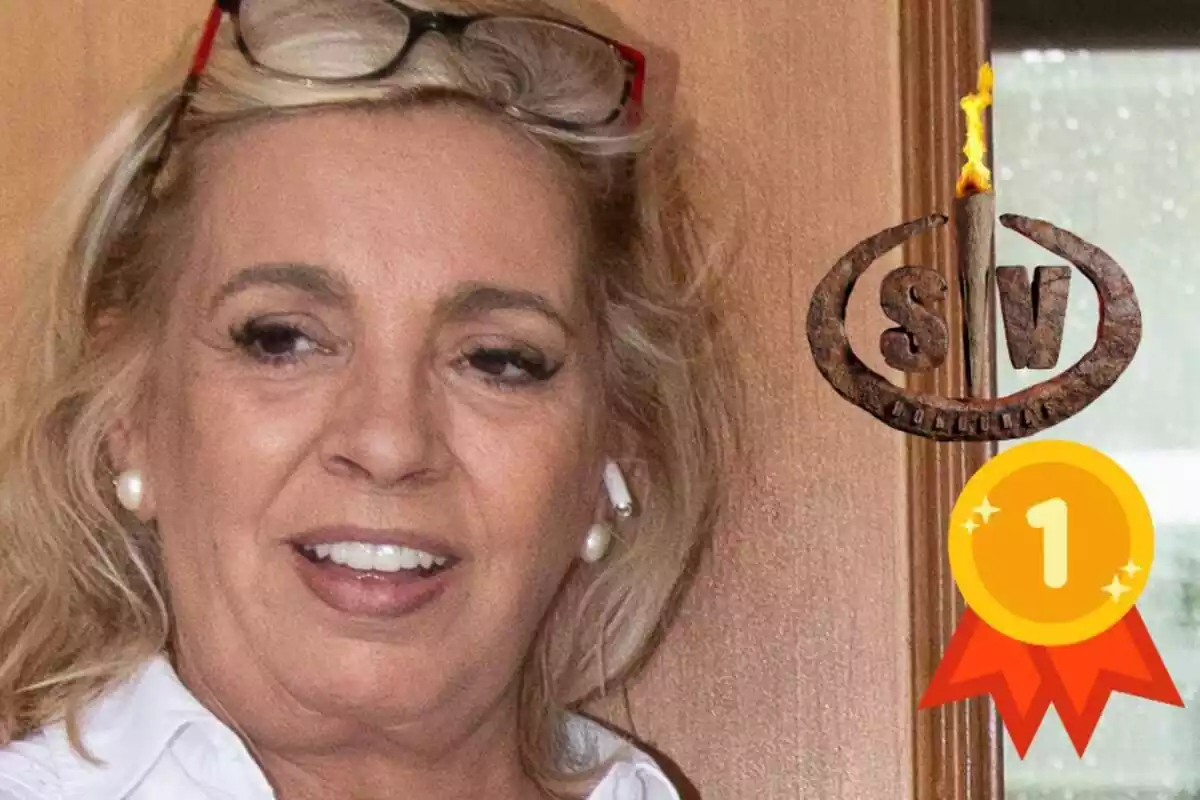 Montaje de Carmen Borrego sonriendo con unas gafas en la cabeza, el logo de 'Supervivientes' y la medalla de primero