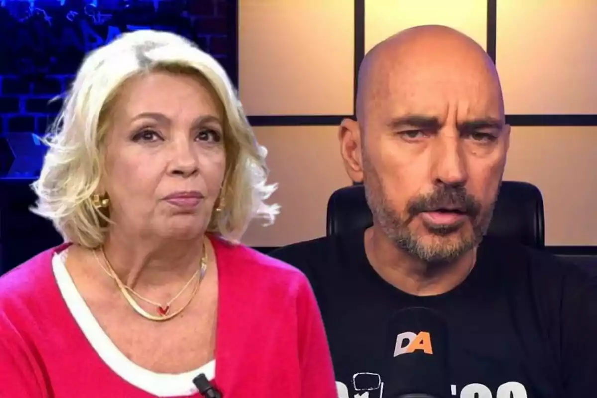 Carmen Borrego y Diego Arrabal en un estudio, Carmen con suéter rosa y Diego con camiseta negra.