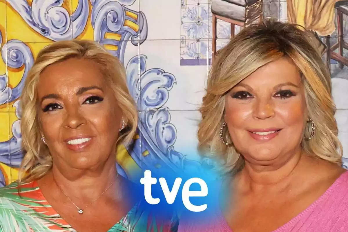 Montaje de Carmen Borrego morena, Terelu Campos sonriendo y el logo de TVE