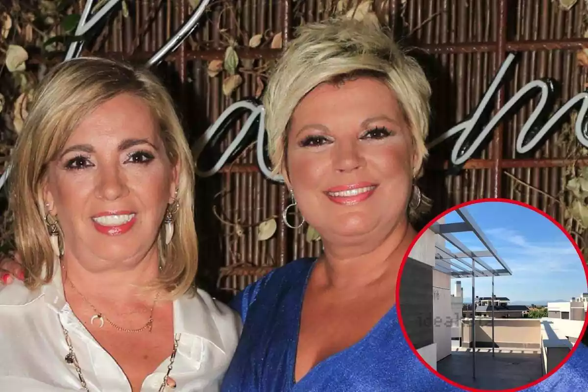 Montaje de Carmen Borrego y Terelu Campos posando sonriente y la terraza del piso de María Teresa Campos