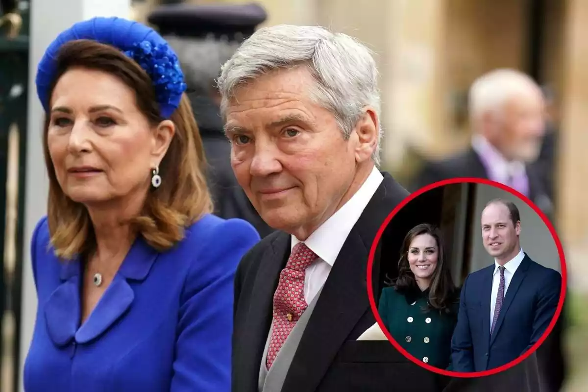 Montaje de Carol Middleton con una diadema azul junto a Michael Middleton con corbata roja y Kate Middleton con chaqueta verde junto al príncipe Guillermo en traje