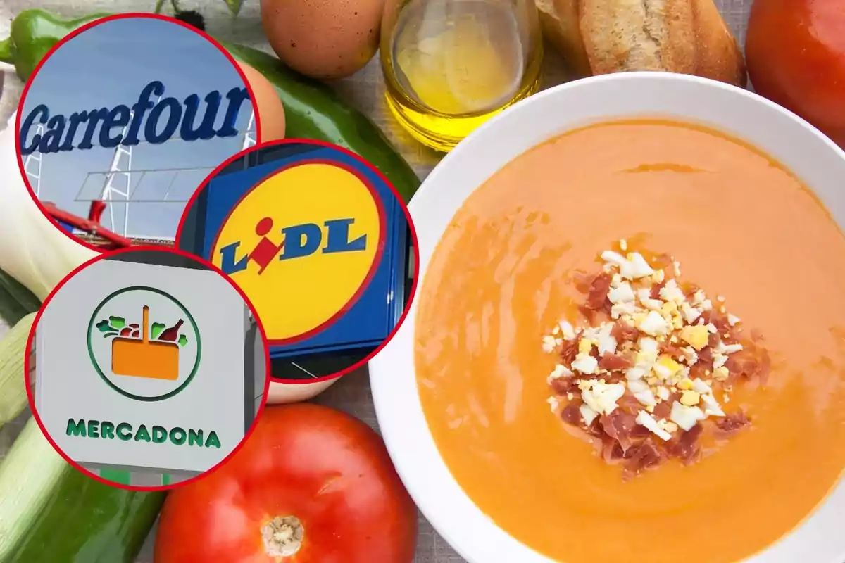 Montaje con un plato de salmorejo y los ingredientes al lado, y tres círculos con el logo de Carrefour, Lidl y Mercadona