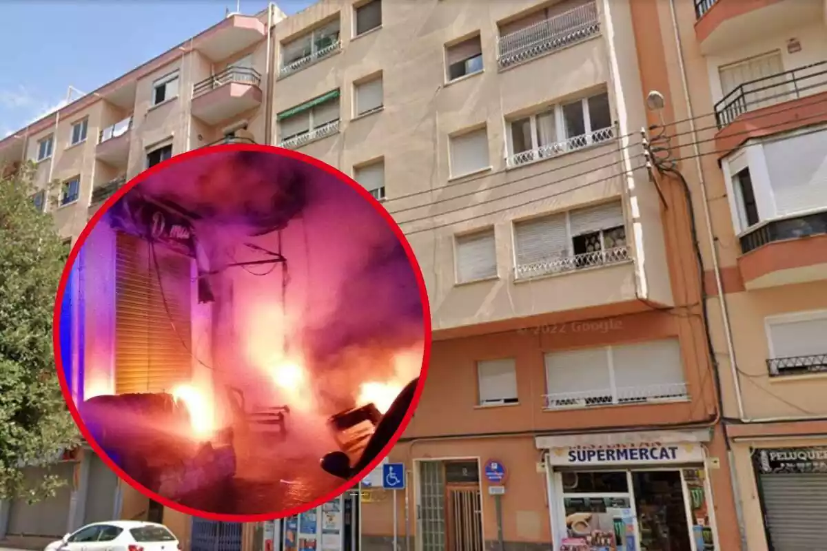 Montaje del edificio del incendio y de un incendio en la misma calle