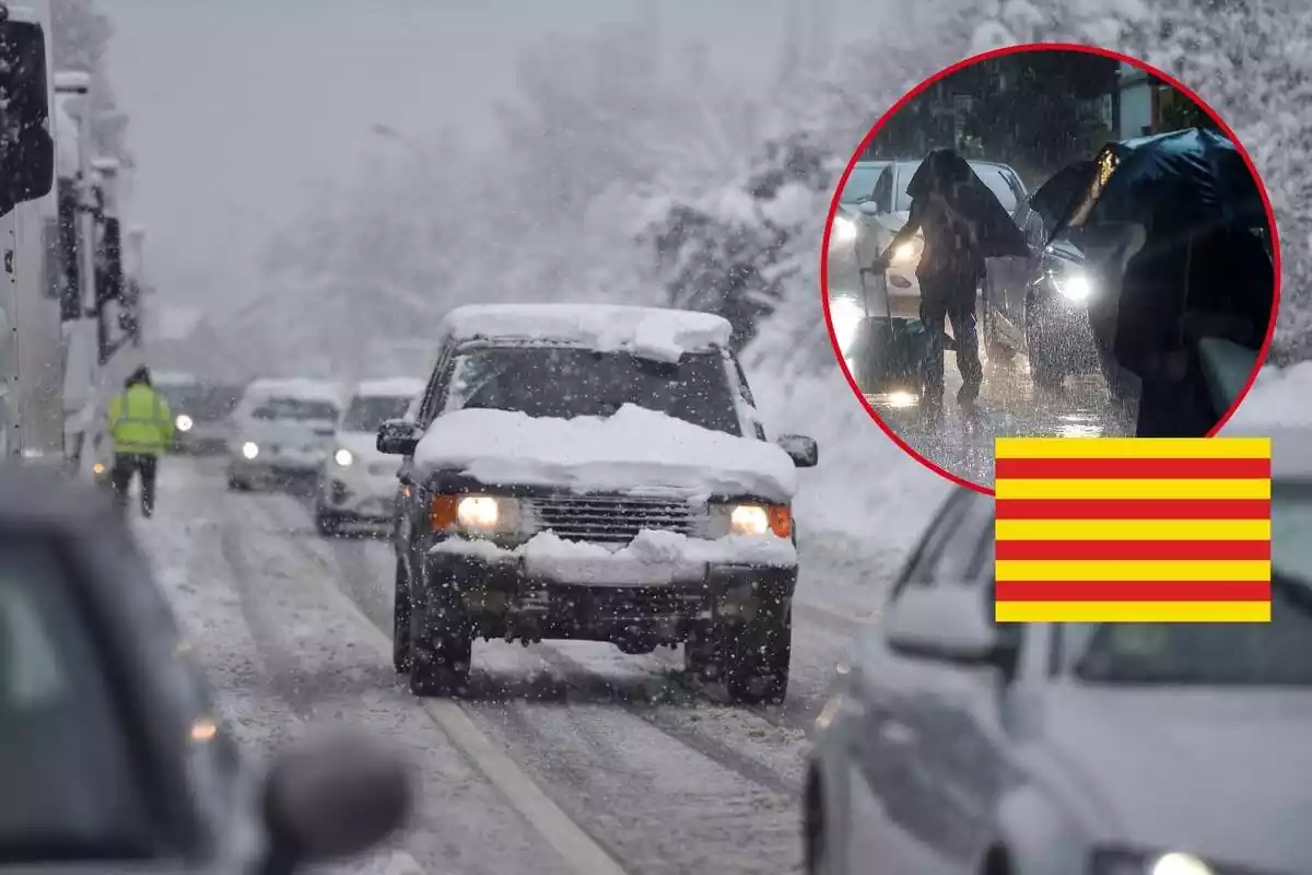 Montaje de una carretera con los coches llenos de nieve, gente tapándose de la lluvia y la bandera de Cataluña