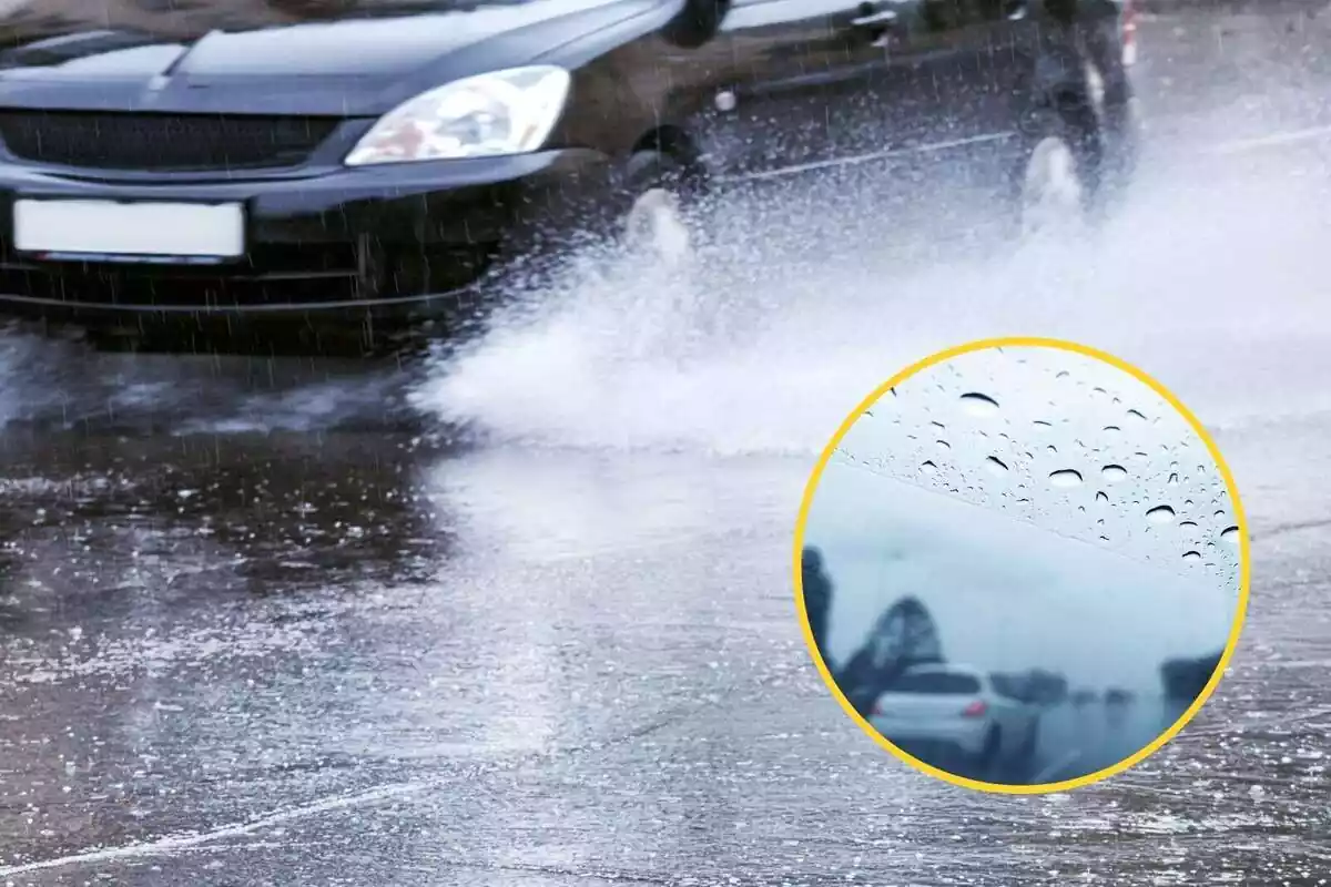 Montaje donde la carretera está muy mojada por la lluvia y otra imagen donde aparece un retrovisor con buenas vistas y sin gotas de agua