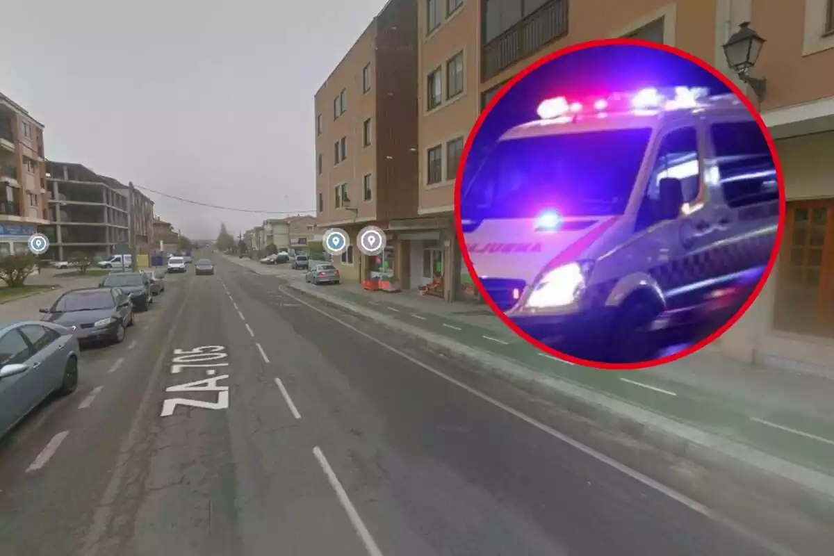 Montaje con una imagen de la carretera Medina de Rioseco en Toro (Zamora) y una ambulancia con las sirenas encendidas