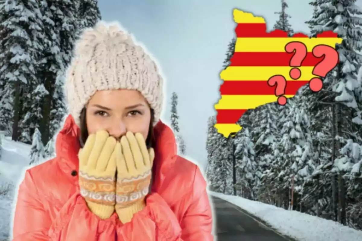 Una persona abrigada con guantes y gorro en un paisaje nevado con un mapa de Cataluña y signos de interrogación.