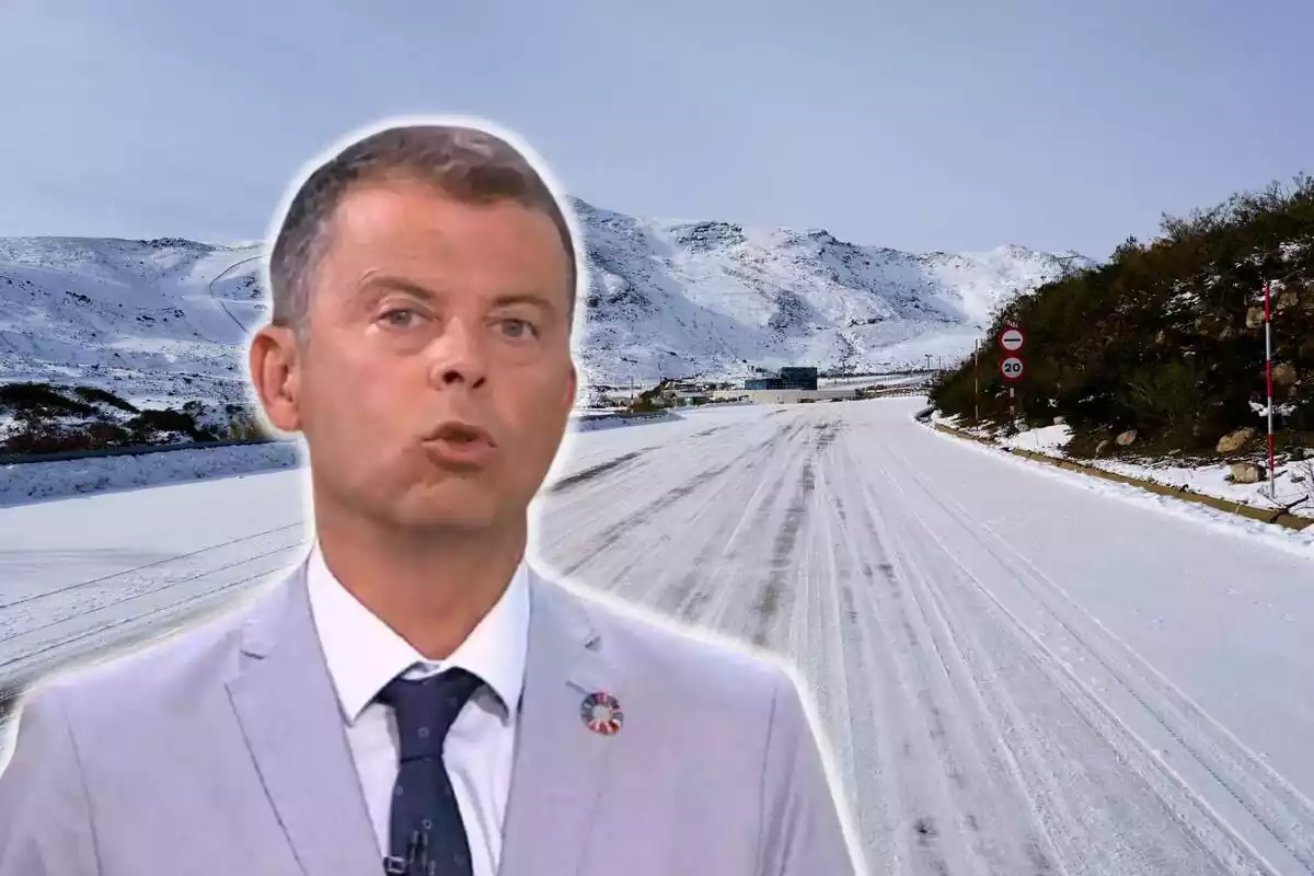 Montaje de una carretera llena de nieve y Francesc Maru hablando con un traje gris y corbata azul