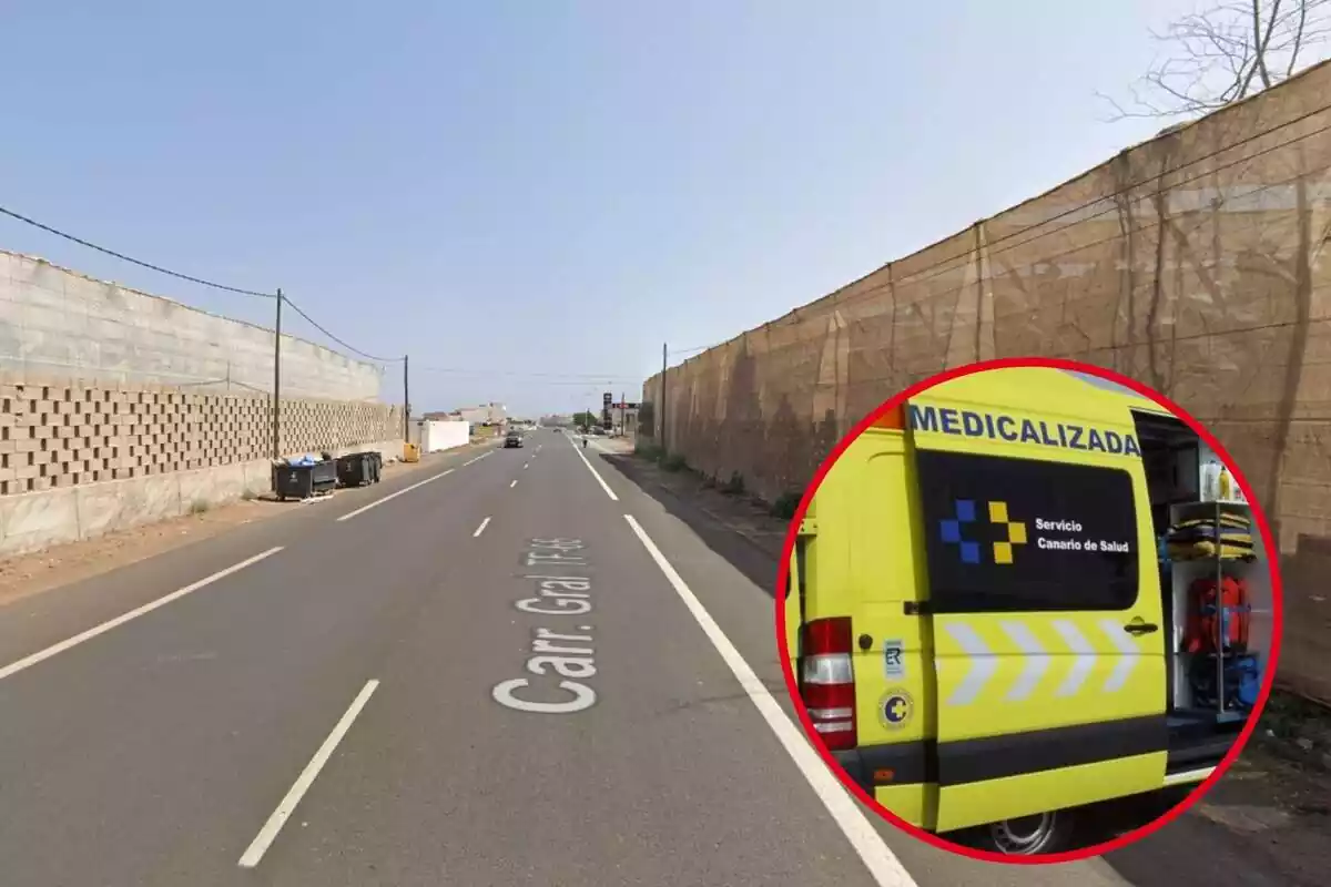 Montaje de la carretera TF-66 en Arona y una ambulancia del Servicio Canario de Salud