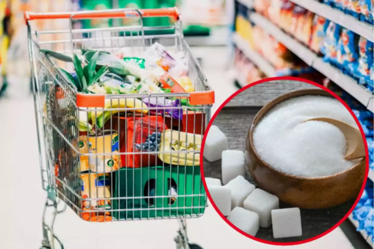 Montaje con un carrito de la compra lleno de productos en el pasillo de un supermercado y un círculo con un bol con azúcar blanco