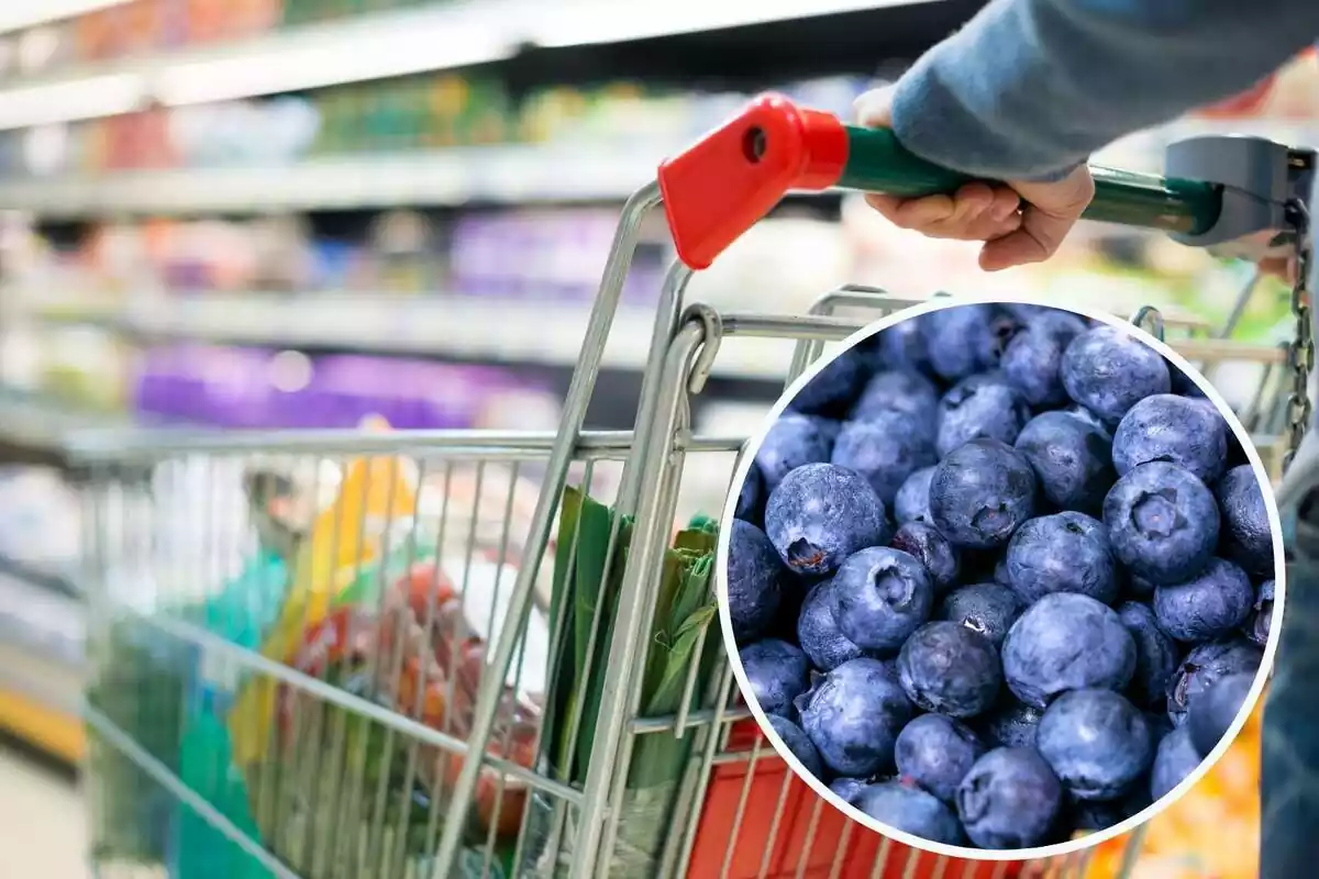 Montage of a person pushing a shopping cart full of products in a supermarket surrounded by several stacked blueberries