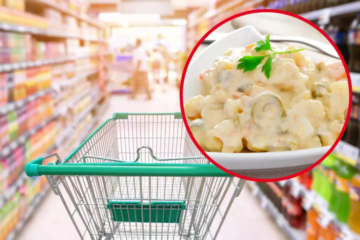 Montaje con un carrito en el pasillo de un supermercado y un círculo con un plato de ensaladilla rusa