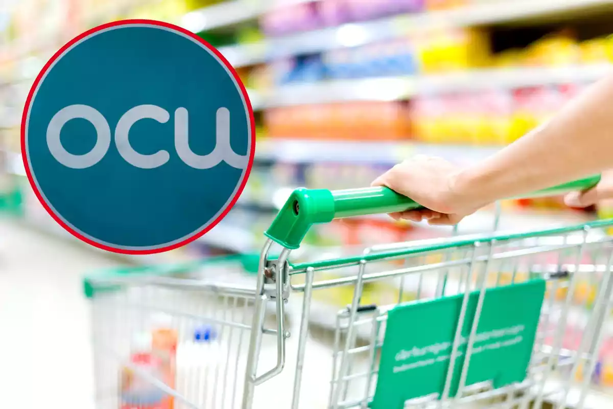 Montaje con una persona cogiendo un carrito en el pasillo de un supermercado y un círculo con el logo de la OCU
