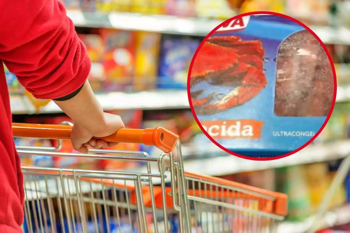 Montaje con una persona cogiendo un carrito en un supermercado y un círculo con el paquete de nécoras congeladas de la marca Pescanova
