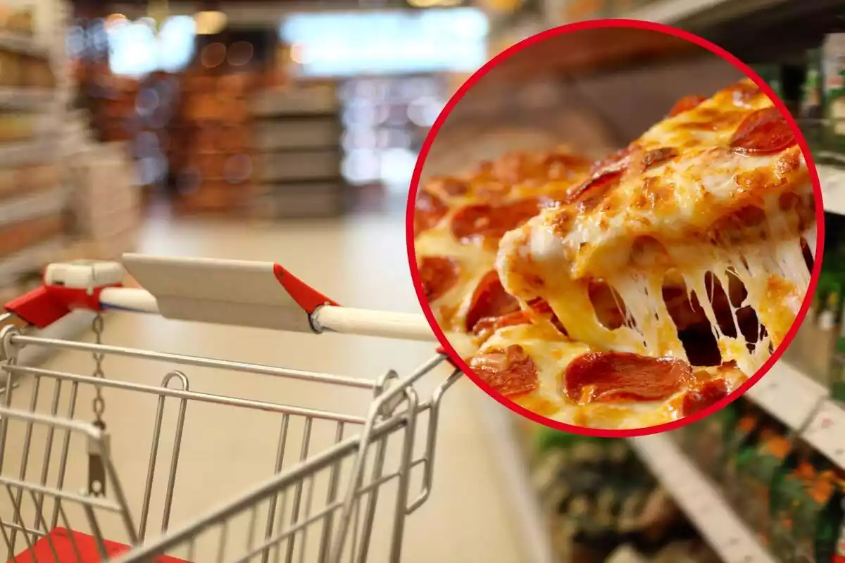 Montaje con un carrito en el pasillo de un supermercado y un círculo con una pizza de pepperoni y queso