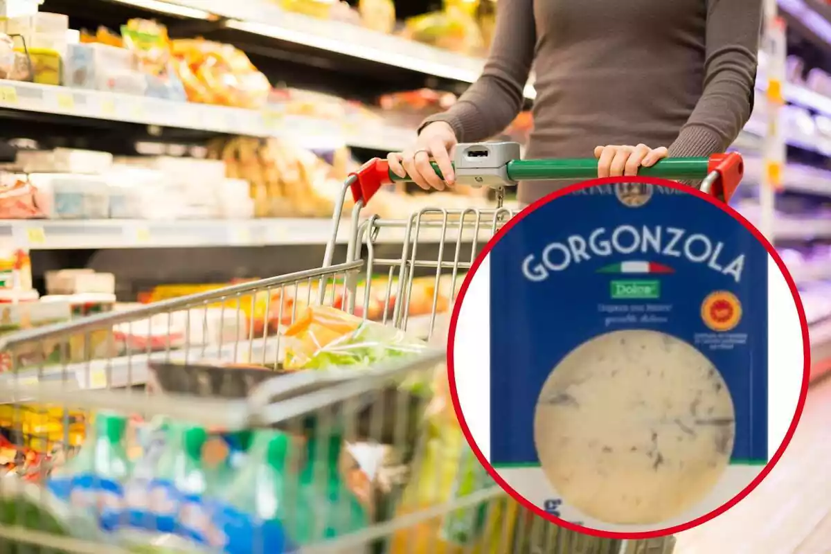 Montaje con un carrito de supermercado lleno de productos y un círculo con el queso gorgonzola de la marca Cucina Nobile