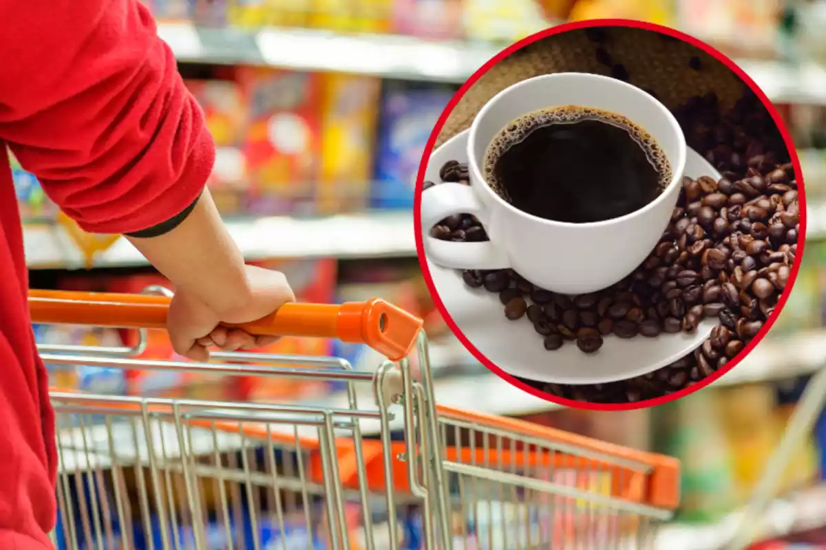 Montaje con una persona con un carrito en el pasillo de un supermercado y un círculo con una taza llena de café y granos de café alrededor