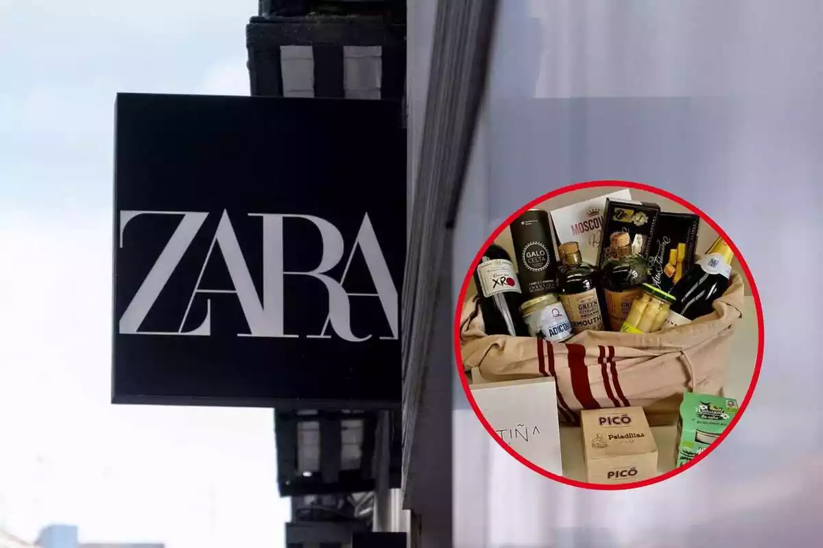 Montaje de fotos de un cartel exterior de Zara y una imagen de un lote de productos