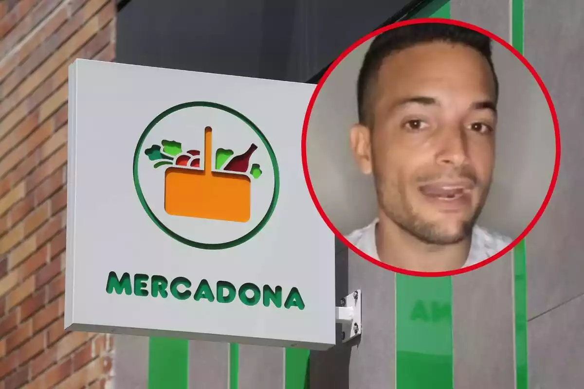 Montaje con un letrero con el logo de Mercadona y un círculo con la cara del influencer Álvaro Fitness