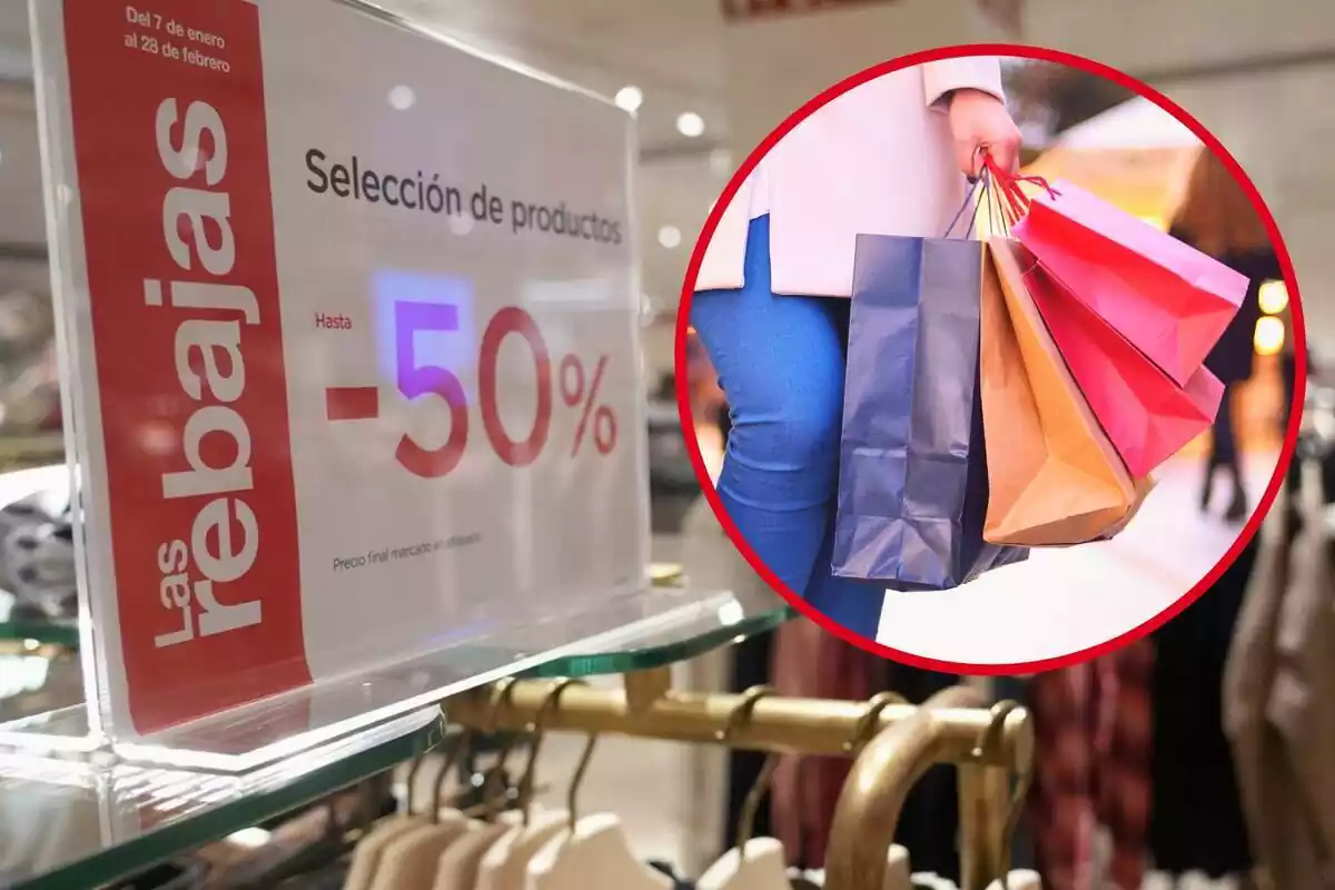 Montaje con un cartel de Rebajas en el interior de una tienda y un círculo con una persona sujetando cuatro bolsas