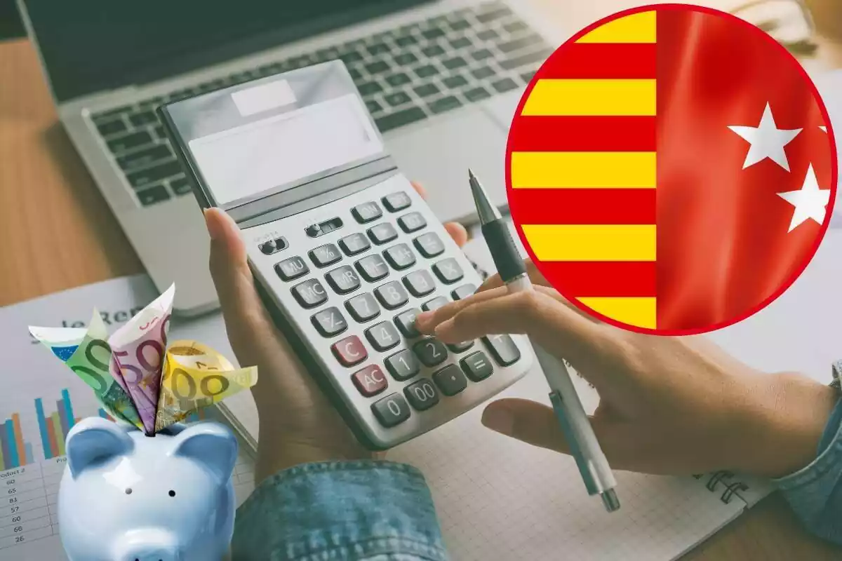 Montaje de manos usando una calculadora junto a una hucha de ahorros y círculos con las banderas de Cataluña y la Comunidad de Madrid