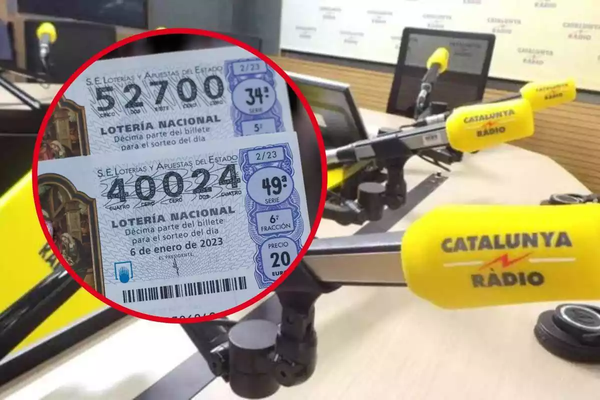 Montaje de los estudios de Catalunya Ràdio y dos boletos de Lotería Nacional