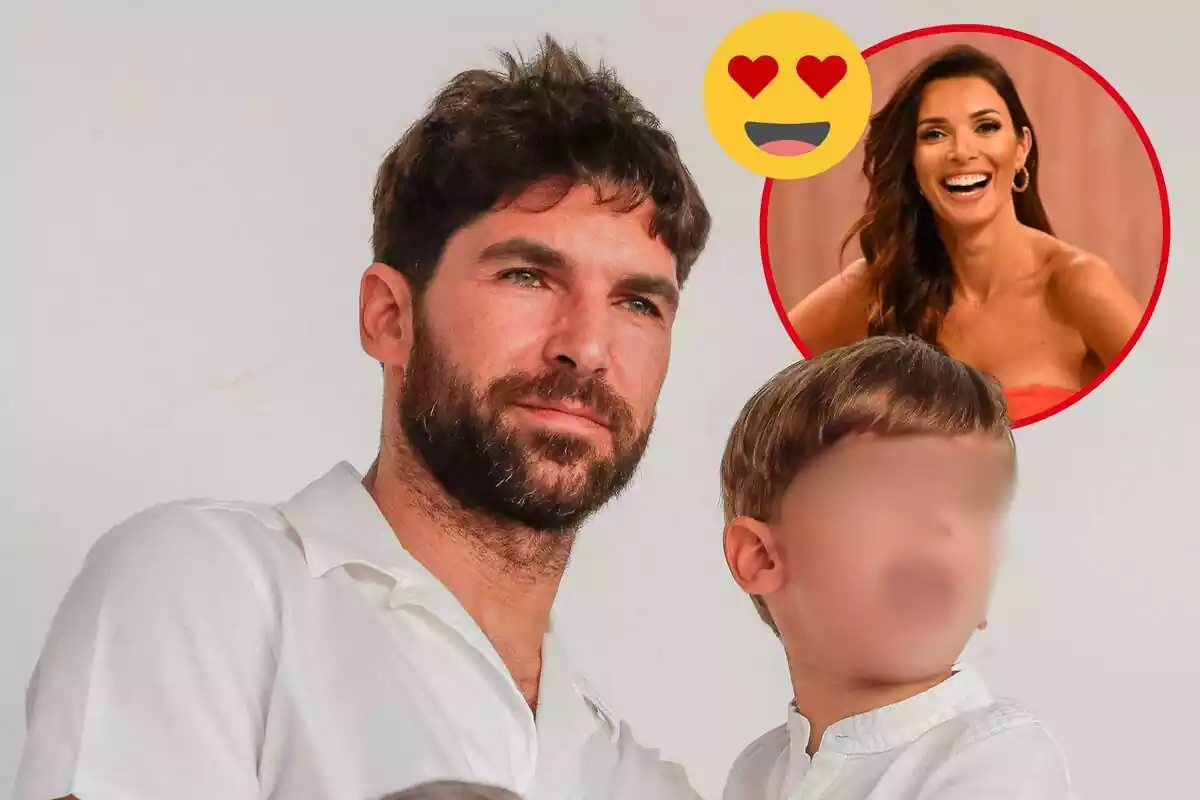 Montaje de Cayetano Rivera con su hijo en camisas blancas, María Cerqueira sonriendo y un emoji enamorado