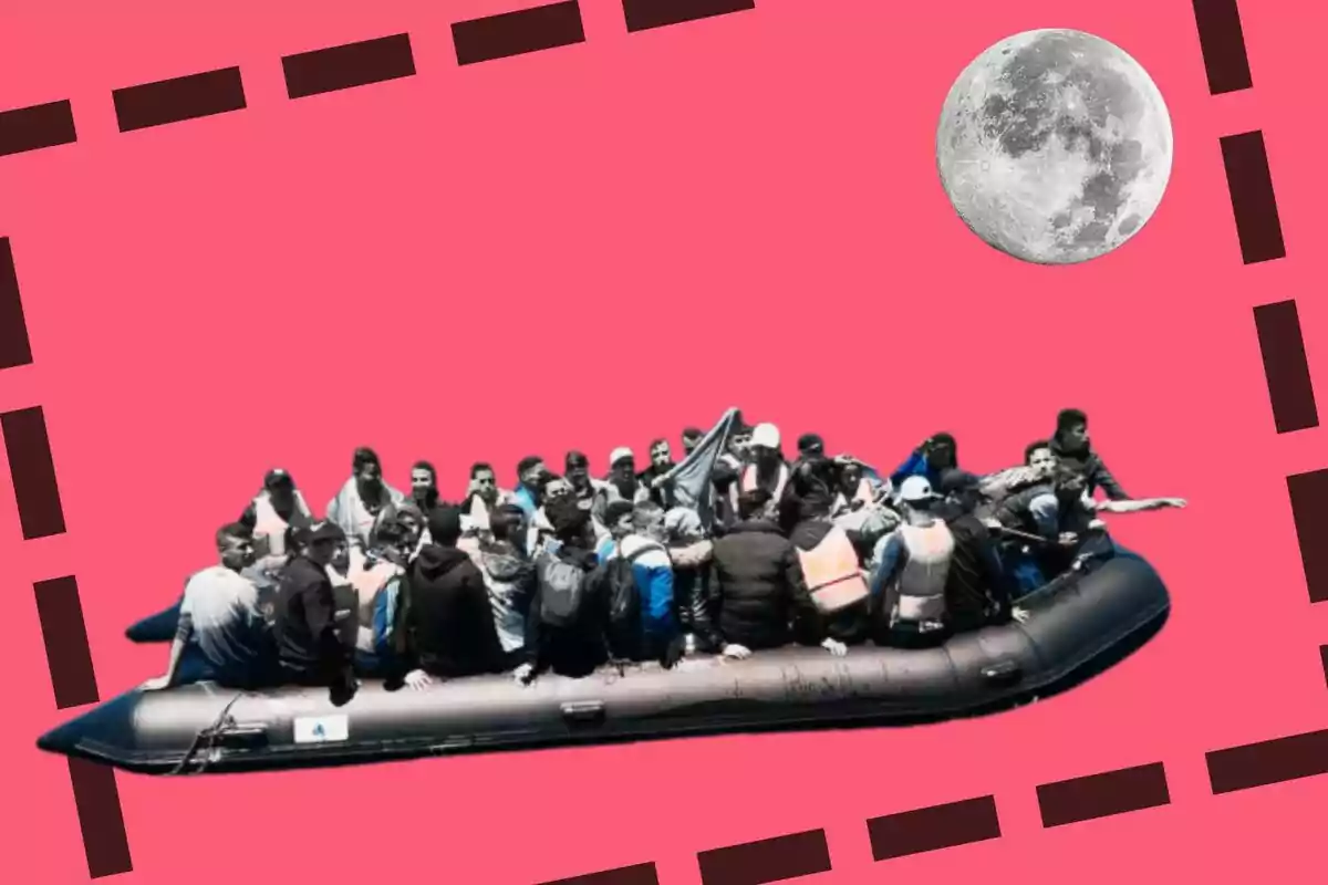 Un grupo de personas en un bote inflable sobre un fondo rosa con una luna y líneas negras.