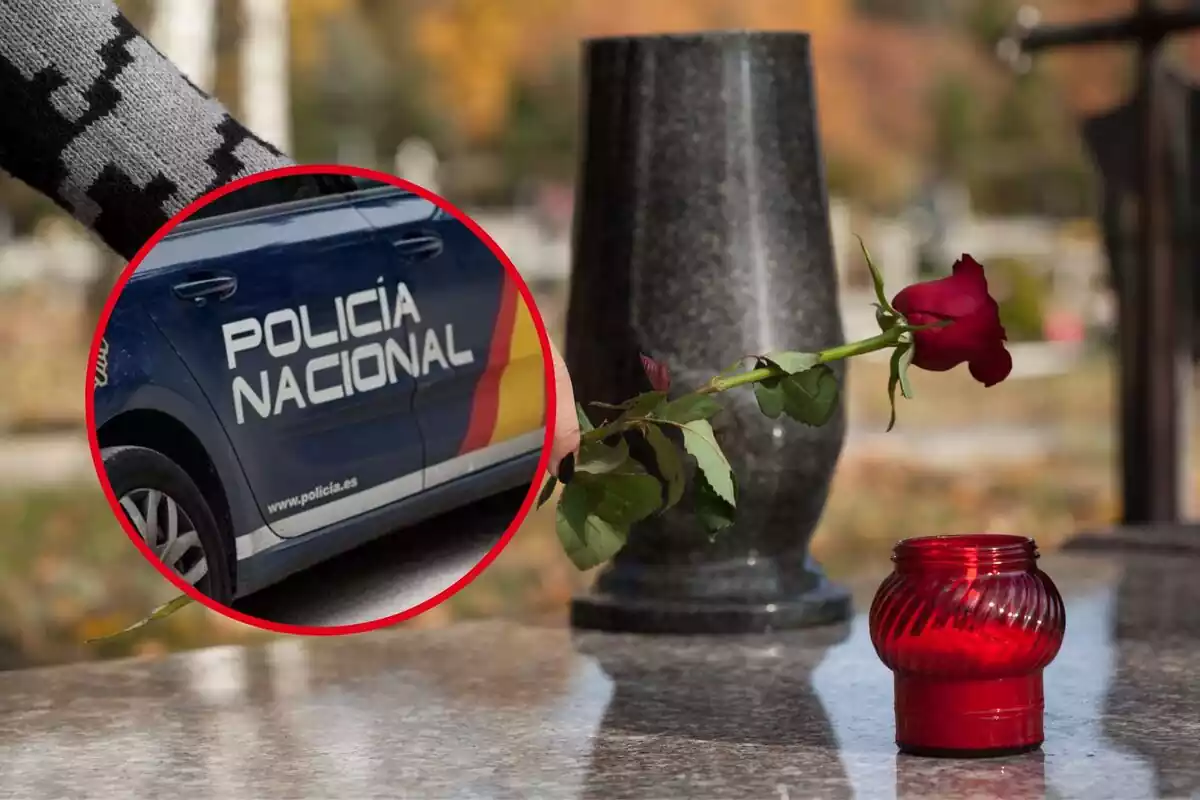 Montaje con un coche de la policía nacional y una mujer dejando una rosa en una tumba